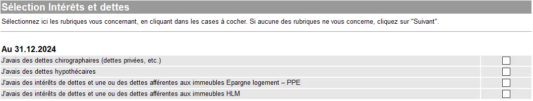 GeTax 'Zinsen und Schulden auswählen' Bildschirm für die Angabe von Schulden (Grundschulden, Hypotheken) und Zinsen am 31.12