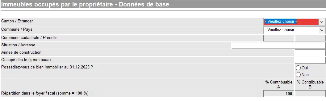 Eingabe von Staat, Gemeinde, Adresse, Baujahr und Aufteilung auf Steuerpflichtige