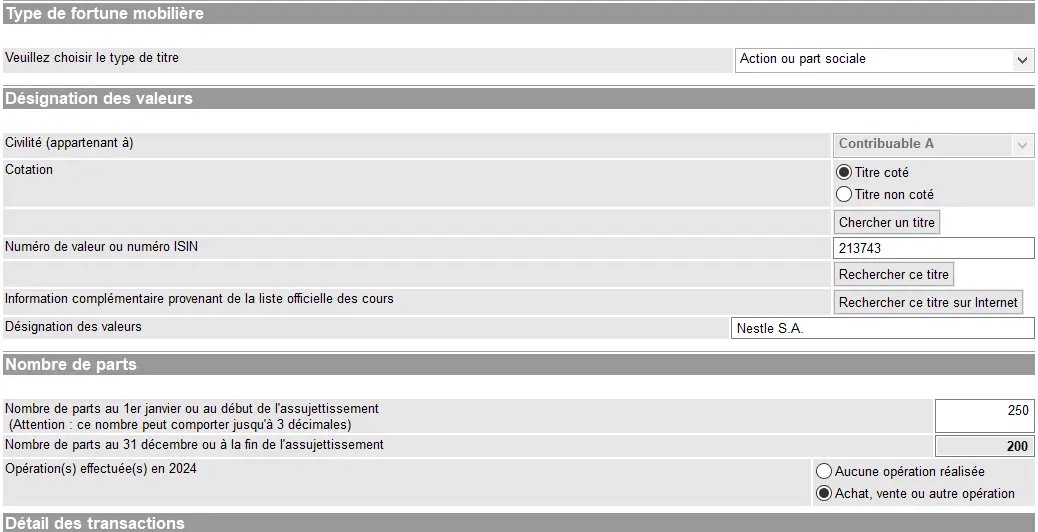 Meldung einer Aktie oder eines Wertpapiers bei GeTax mit Suche nach dem Wertpapier, der Anzahl der gehaltenen Aktien und den im letzten Steuerjahr getätigten Transaktionen