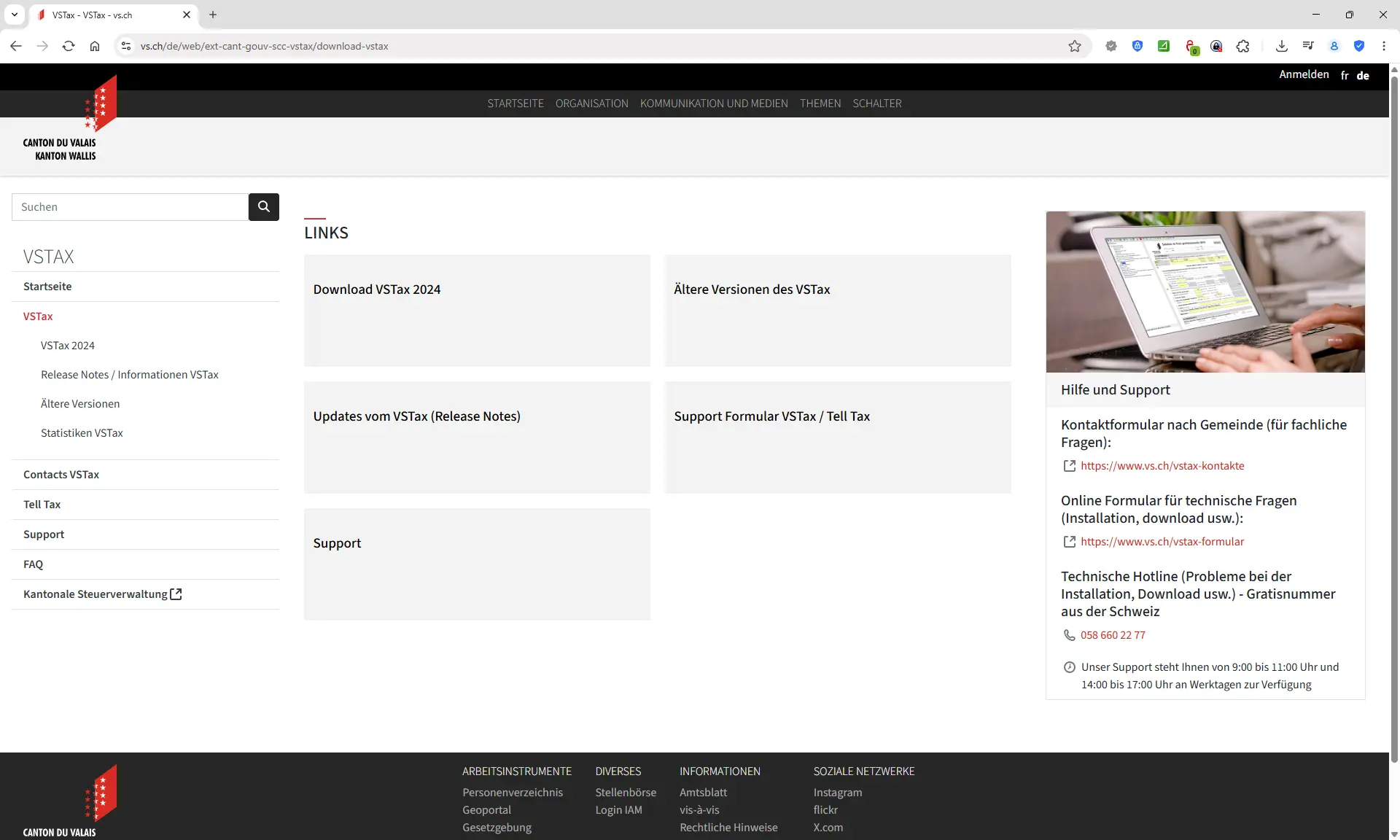 Download-Seite der Steuererklärungssoftware des Kantons Wallis mit Installationslinks und Support-Bereich