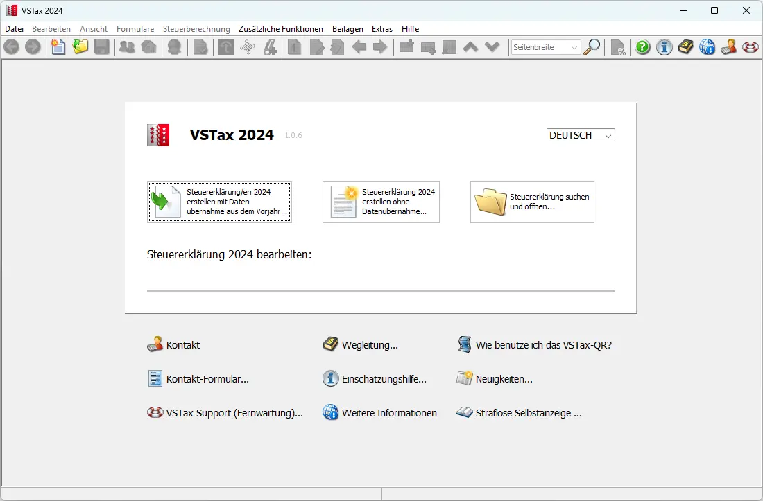 Startbildschirm der Steuererklärung mit Optionen für neue Erklärung oder Datenübernahme