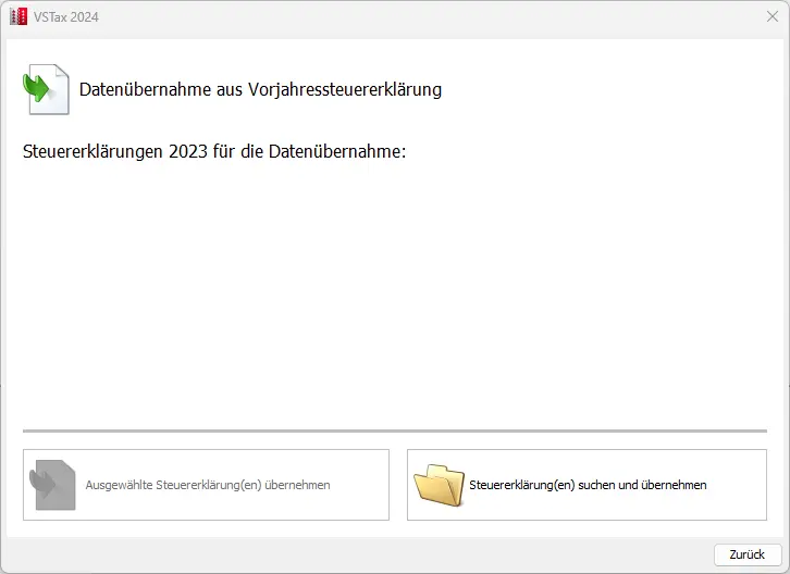 Auswahlfenster zur Übernahme der Steuerdaten aus der Vorjahreserklärung
