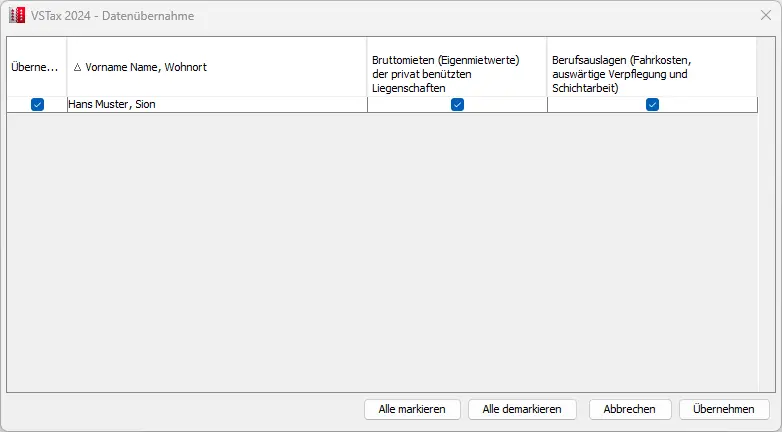 Übersicht der auswählbaren Daten für die Übernahme aus der Vorjahressteuererklärung