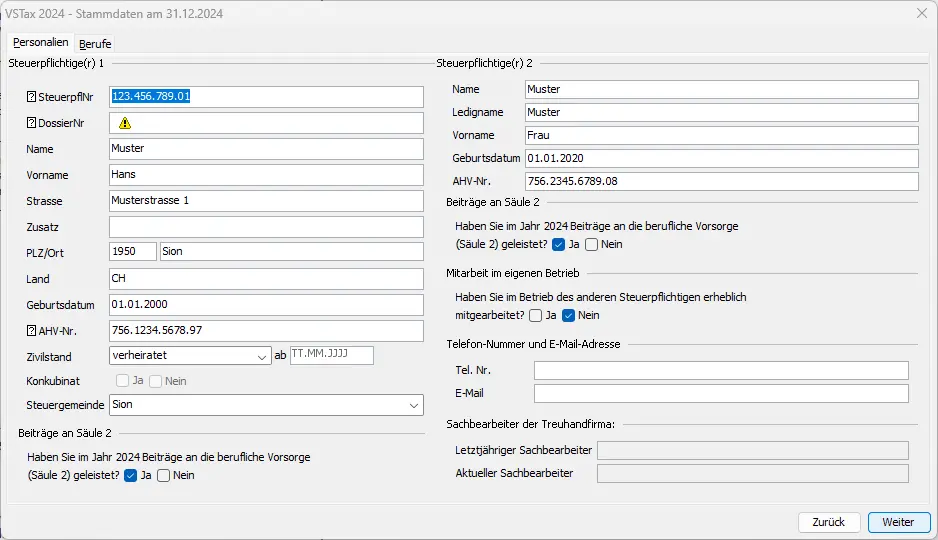 Eingabemaske für persönliche Stammdaten wie Name, Adresse, AHV-Nummer und Zivilstand