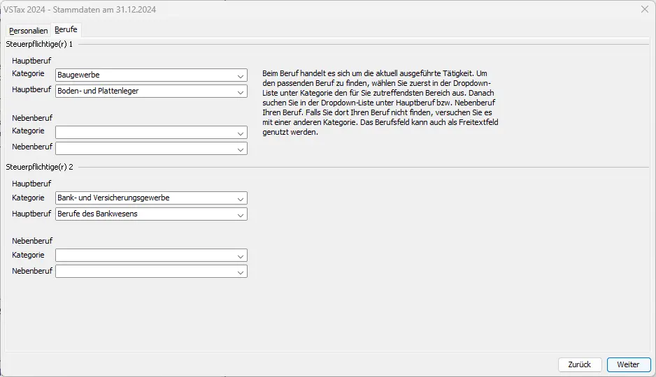 Erfassung der beruflichen Tätigkeit und Haupt- bzw. Nebenberufe der steuerpflichtigen Personen