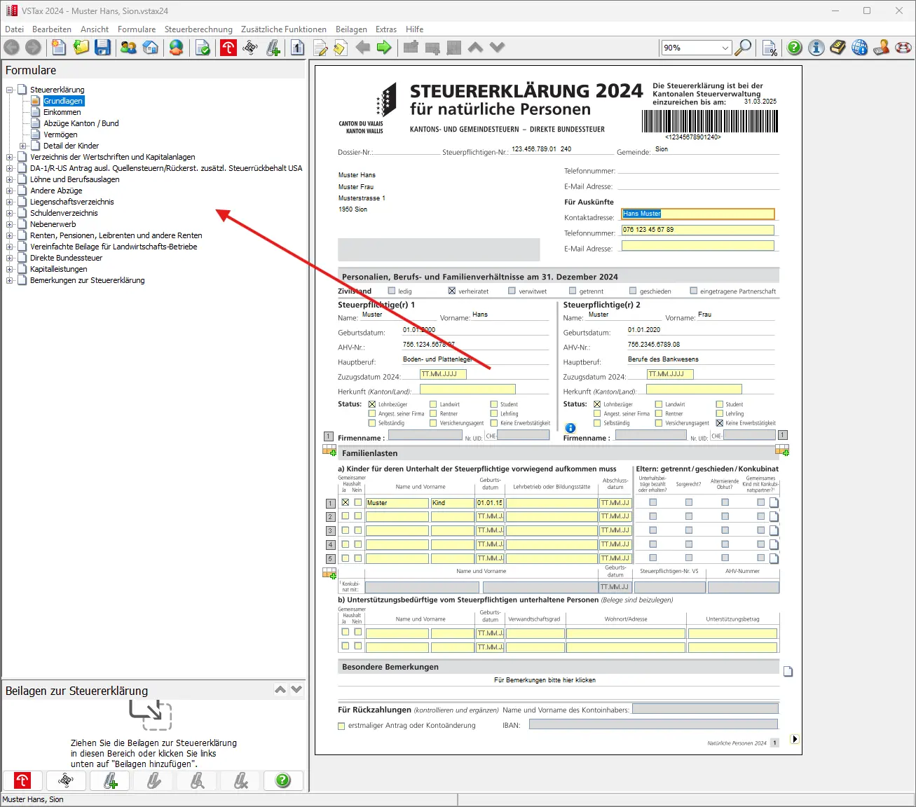 Hauptformular der Steuererklärung mit Navigationsbaum und markierten Pflichtfeldern