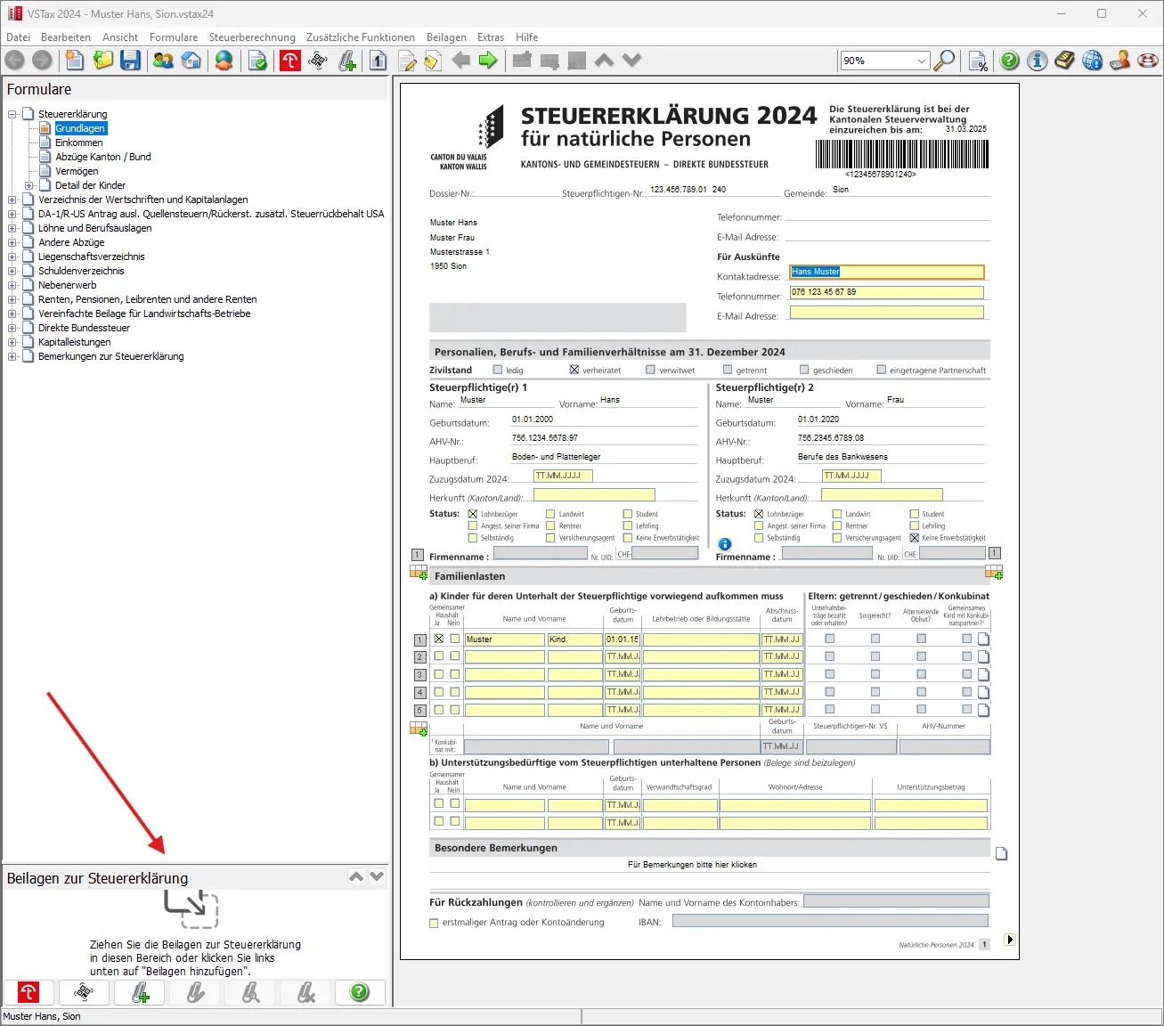 Hauptformular der Steuererklärung mit Bereich zum Hinzufügen von Beilagen per Drag-and-drop
