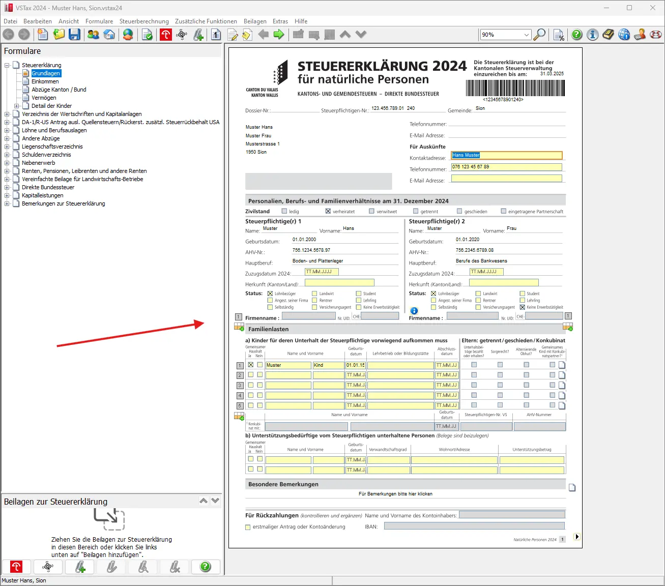 Steuerformular mit markiertem Abschnitt zu Familienlasten und Kinderangaben