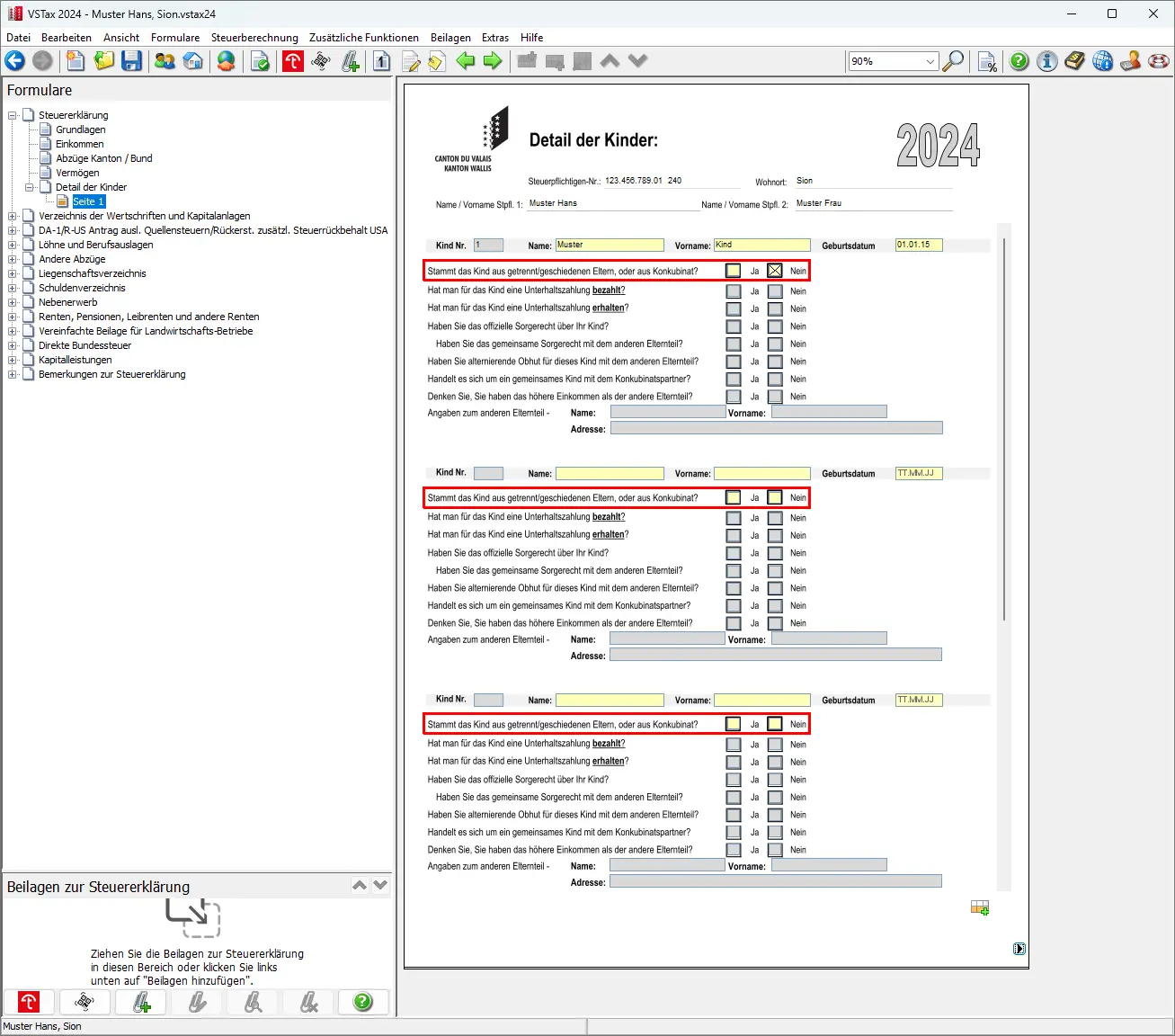 Formular 'Detail der Kinder' mit Auswahl zu Sorgerecht, Unterhaltszahlungen und alternierender Obhut