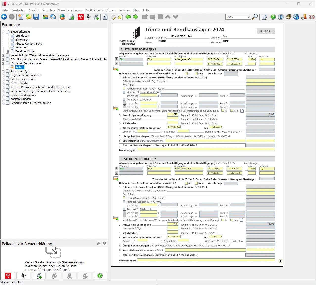 Formular 'Löhne und Berufsauslagen' zur Erfassung von Arbeitsort, Arbeitgeber und Nettolohn