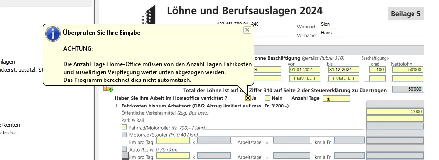Warnhinweis zur Kontrolle der Eingaben bei Homeoffice und Fahrkostenabzügen