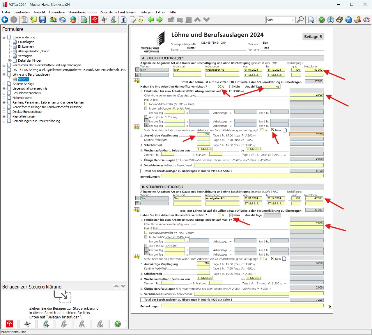 Ausgefülltes Formular zu Berufsauslagen mit Fahrkosten, auswärtiger Verpflegung und Homeoffice-Tagen