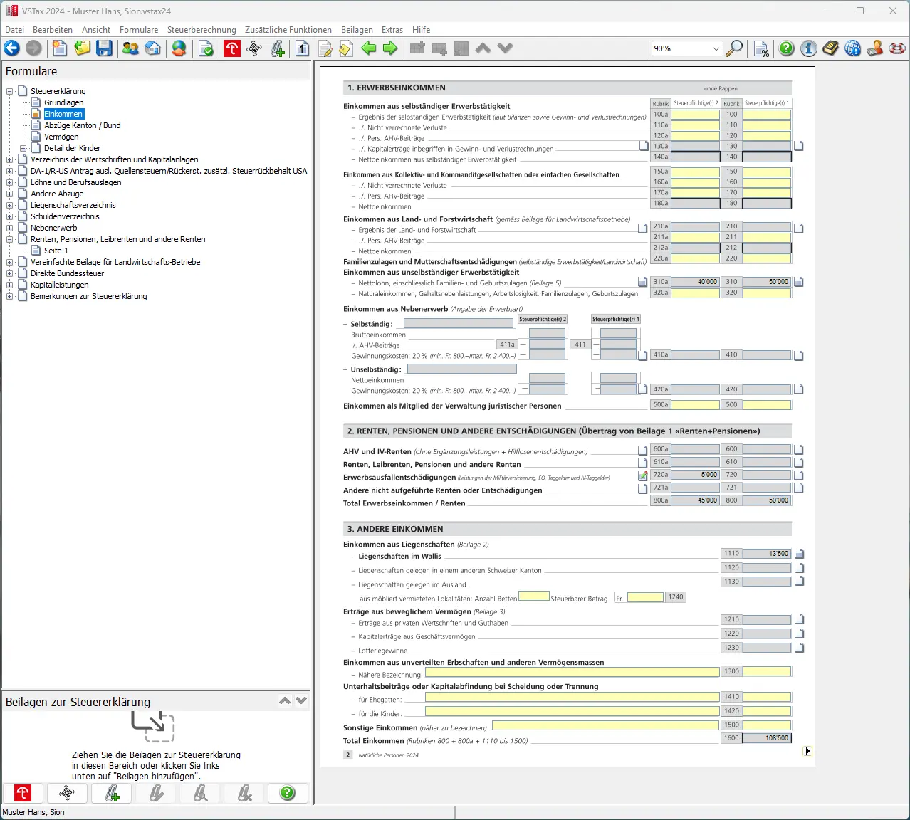 Übersicht Einkommen mit Erwerbseinkommen, Renten sowie weiteren Einkommensarten im selben Formular