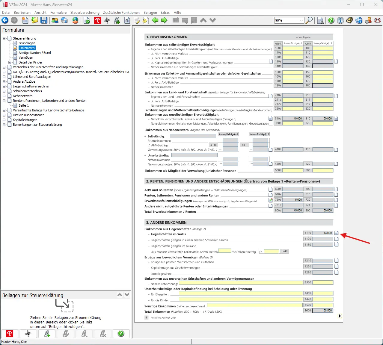 Abschnitt 'Andere Einkommen' mit Erträgen aus Liegenschaften und beweglichem Vermögen