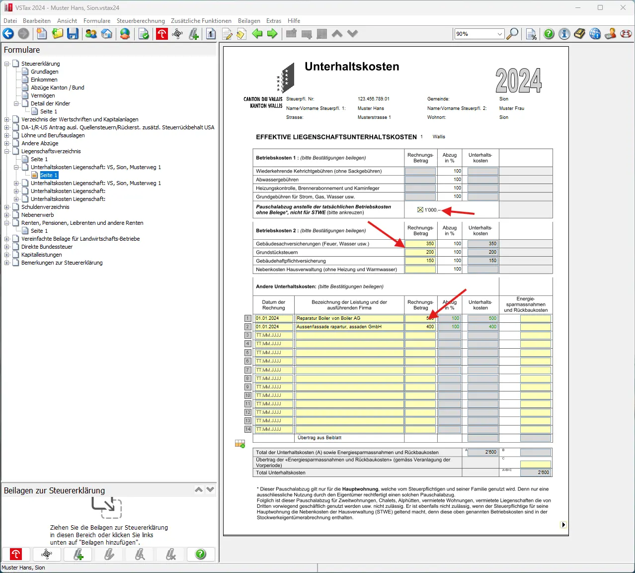 Formular für effektive Liegenschaftsunterhaltskosten mit Reparaturen, Versicherungen und Pauschalabzug