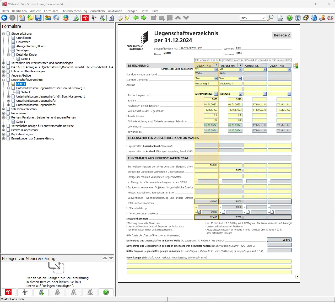 Zusammenfassung der Liegenschaftseinkünfte mit Nettoertrag pro Objekt und Übertrag in die Steuererklärung