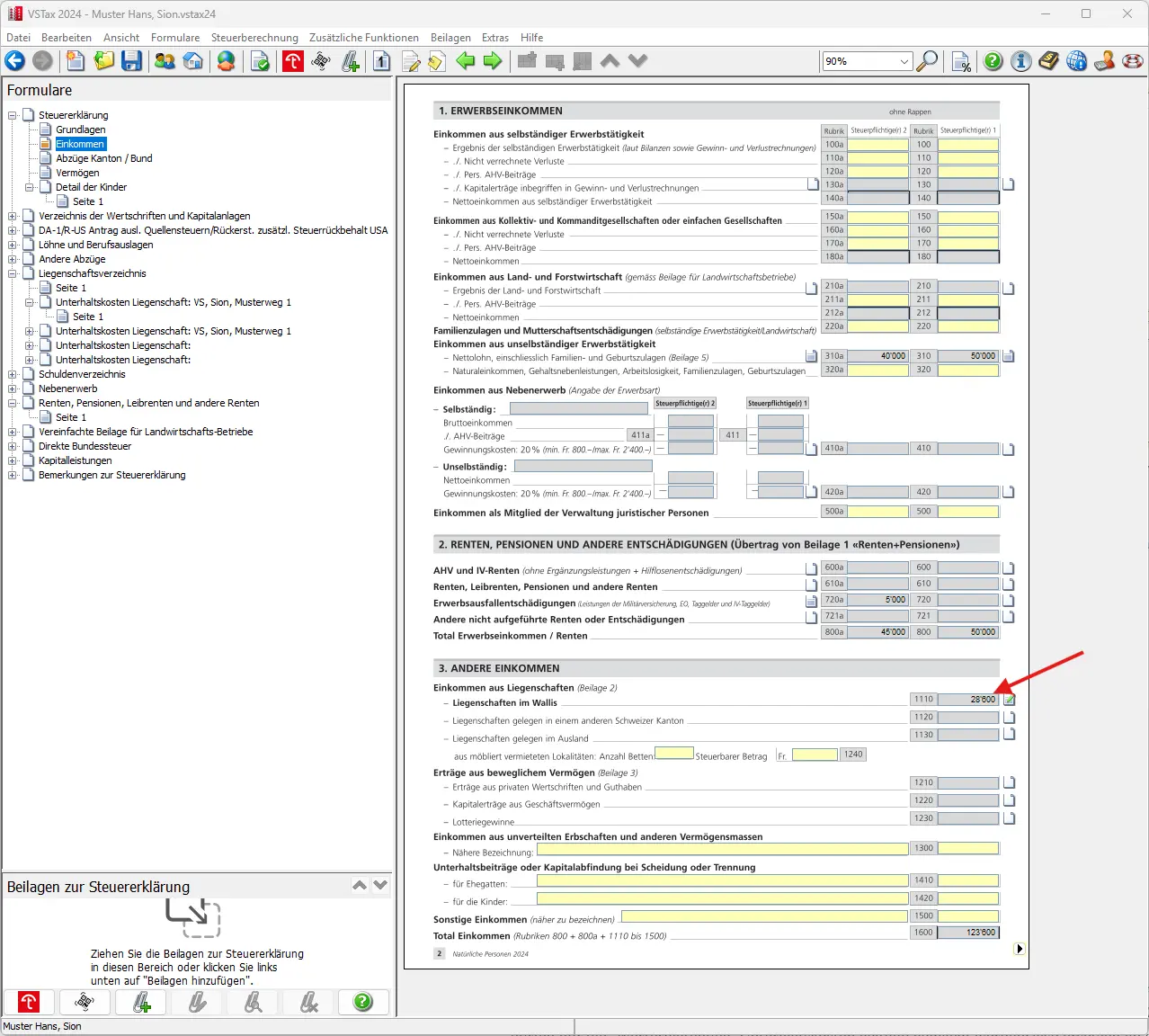 Übersicht Einkommen mit hervorgehobenen Erträgen aus Liegenschaften im Kanton Wallis