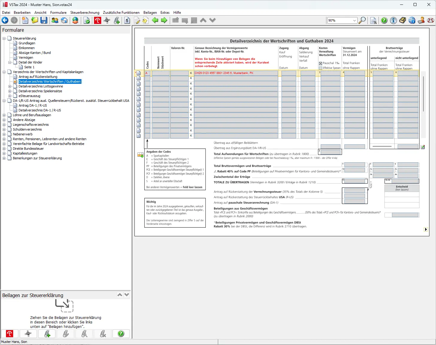 Detailverzeichnis der Wertschriften und Guthaben mit Spalten für Steuerwert, Erträge und Verrechnungssteuer