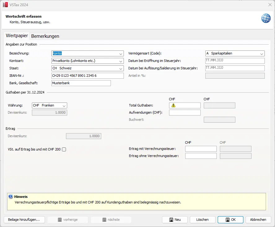 Eingabemaske zur Erfassung eines Bankkontos mit IBAN, Währung und Guthaben per 31.12