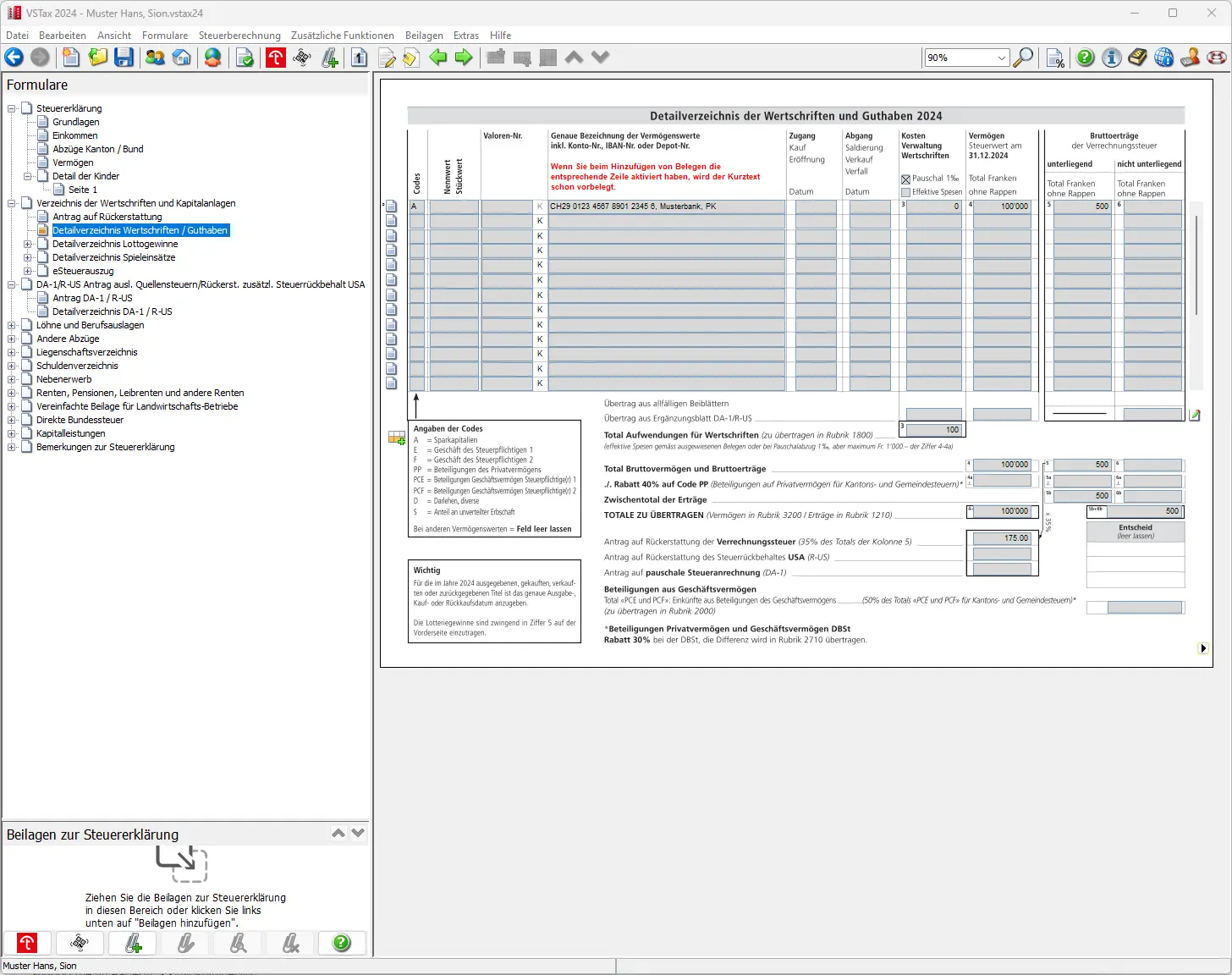 Übersicht des Wertschriftenverzeichnisses mit berechneten Totalsummen und Übertrag in die Steuererklärung