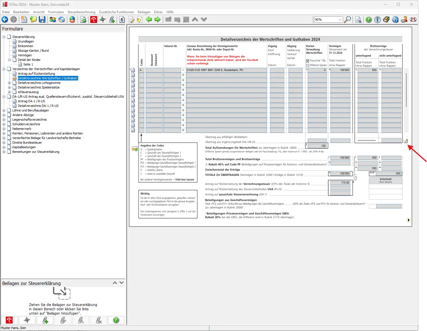 Detailansicht Wertschriftenverzeichnis mit markiertem Übertrag der Erträge und Steuerwerte
