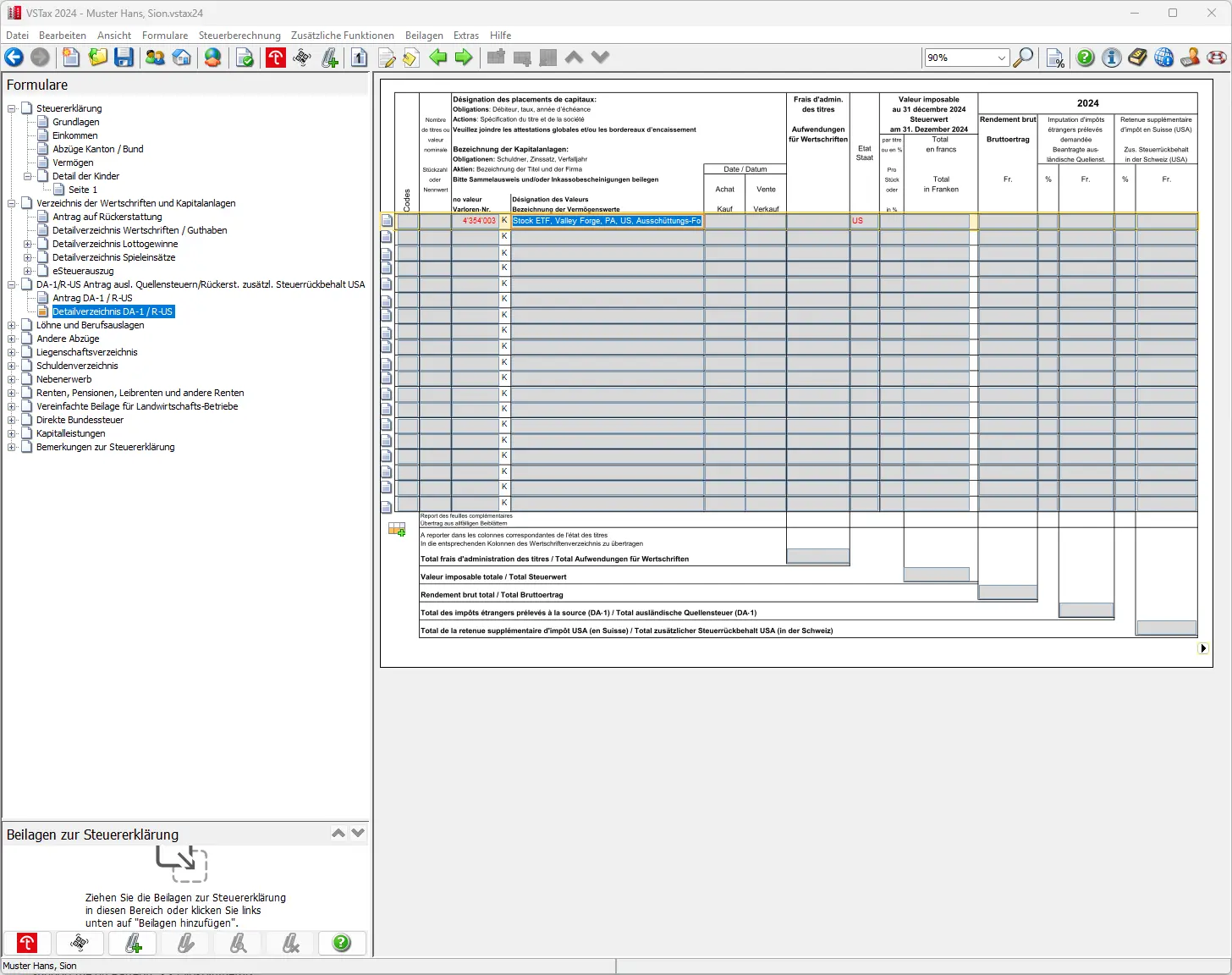 Wertschriftenverzeichnis mit Fokus auf Bruttoerträge und nicht unterliegende Verrechnungssteuer
