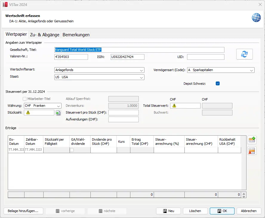 Detailverzeichnis DA-1/R-US für ausländische Wertschriften mit Quellensteuer und Rückerstattung