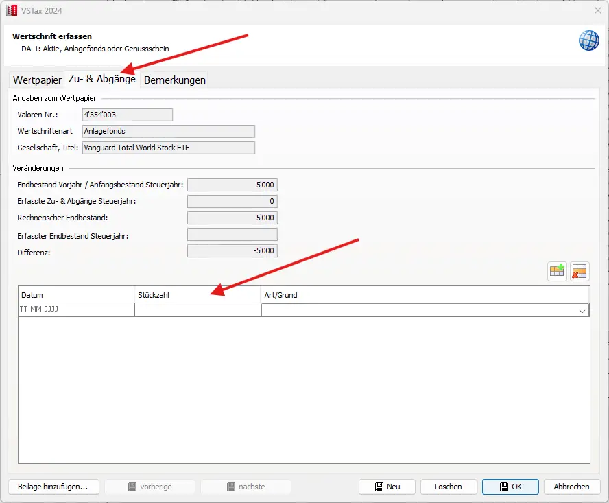 Erfassung eines VT-ETF im DA-1/R-US mit Angaben zu Valorennummer, ISIN und Staat USA