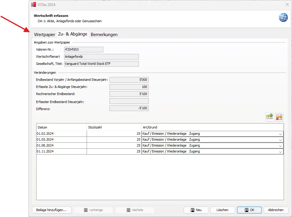 Übersicht der Wertschriftenbewegungen mit Stückzahl, Datum und Art des Zugangs