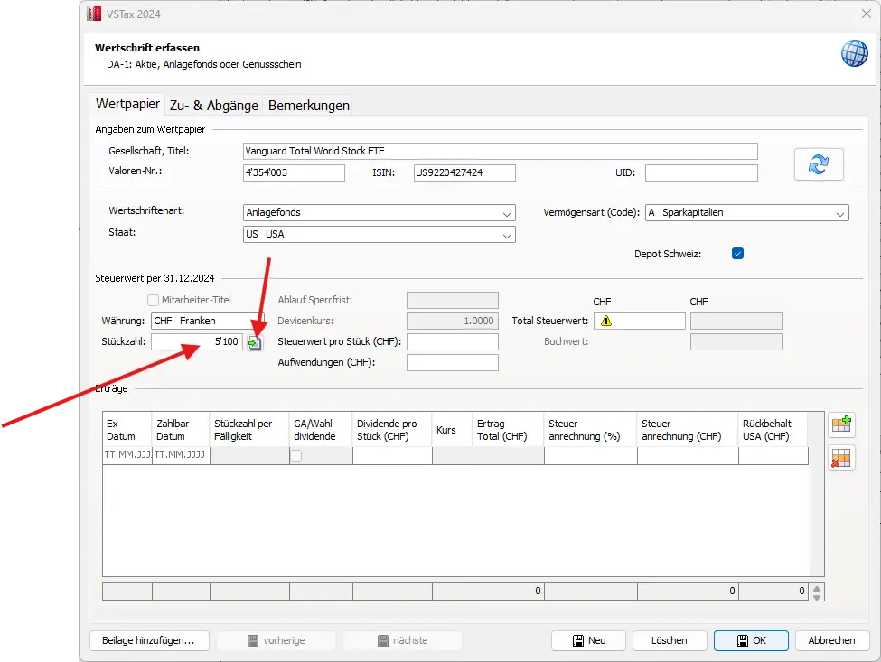Eingabemaske zur Erfassung der Stückzahl und Dividendenerträge einer ausländischen Wertschrift