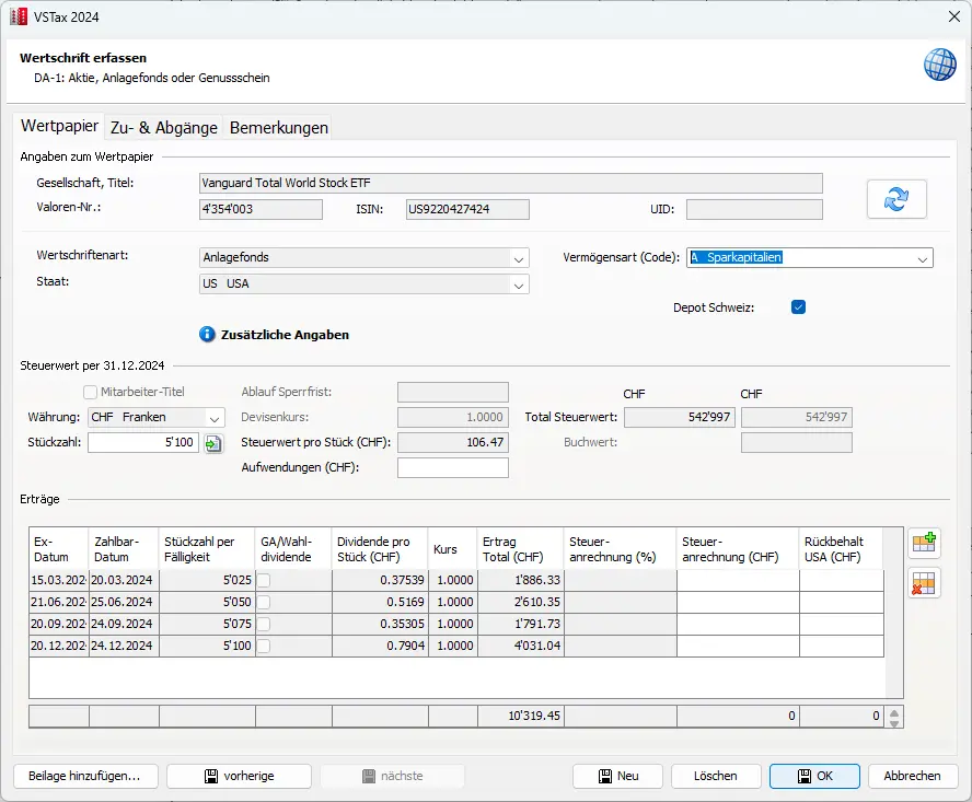 Detailmaske zur Erfassung eines ETF mit Steuerwert, Stückzahl und Dividendenerträgen per 31.12