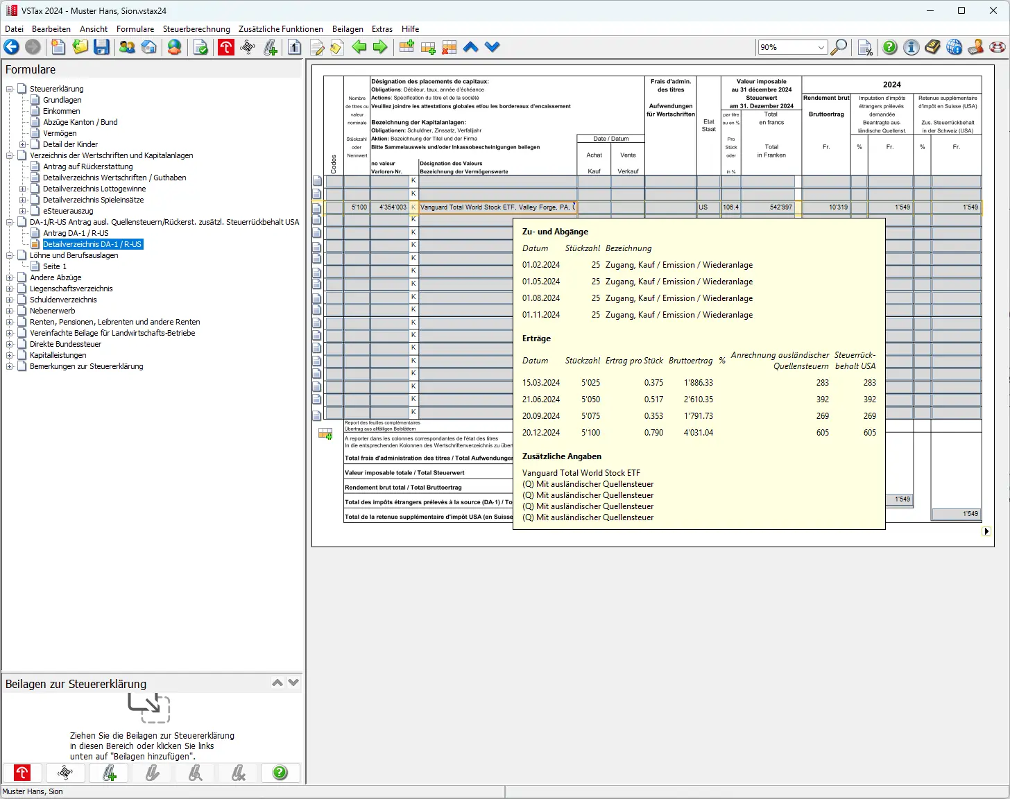 Detailübersicht DA-1/R-US mit Auflistung von Zu- und Abgängen sowie Dividendenerträgen