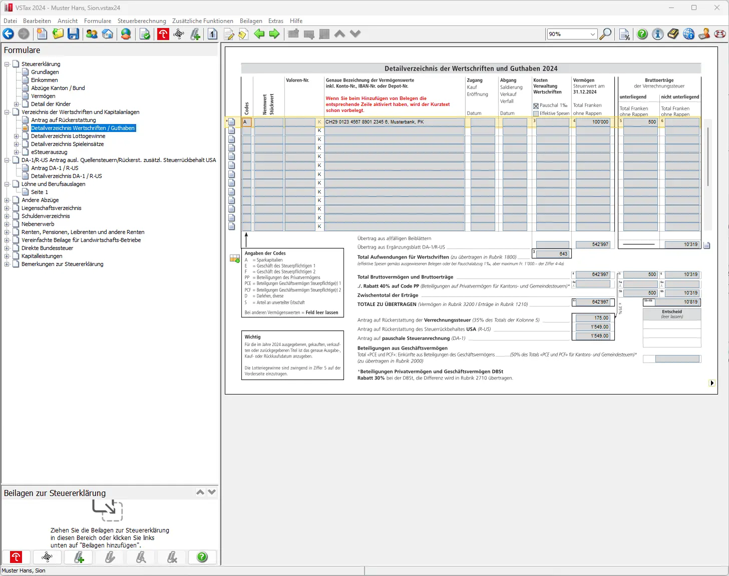 Zusammenfassung der Wertschrift mit Erträgen, Quellensteuer USA und zusätzlichen Angaben im DA-1/R-US