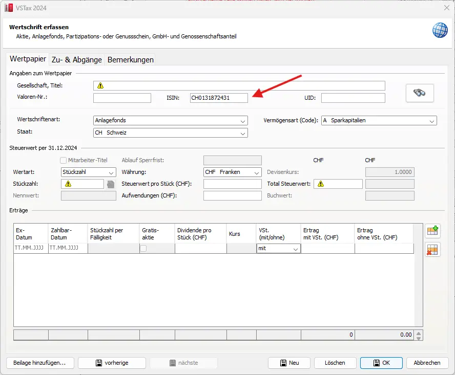 Auswahl der Wertschriftenkategorie zur Erfassung von Aktien, Anlagefonds oder Genossenschaftsanteilen