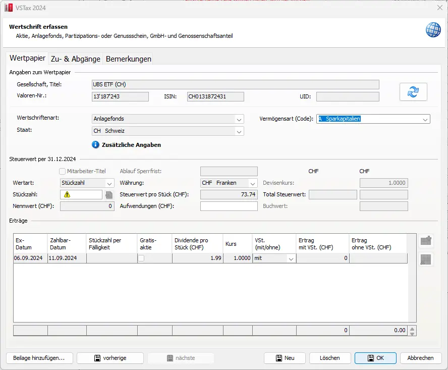 Erfassung einer Schweizer Wertschrift mit ISIN, Steuerwert und Dividendeneingaben