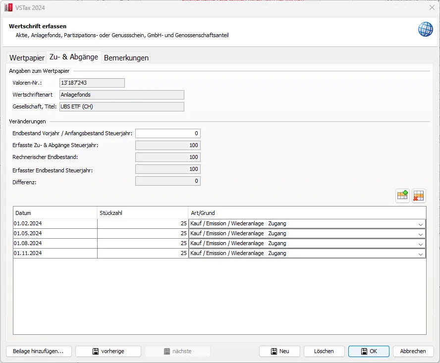Register 'Zu- und Abgänge' zur Erfassung von Käufen und Wiederanlagen einer Schweizer Wertschrift