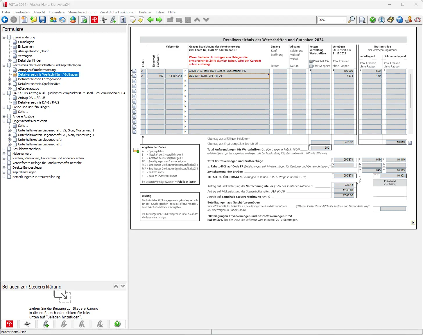 Eintrag einer Schweizer ETF-Position im Wertschriftenverzeichnis mit Steuerwert und Erträgen
