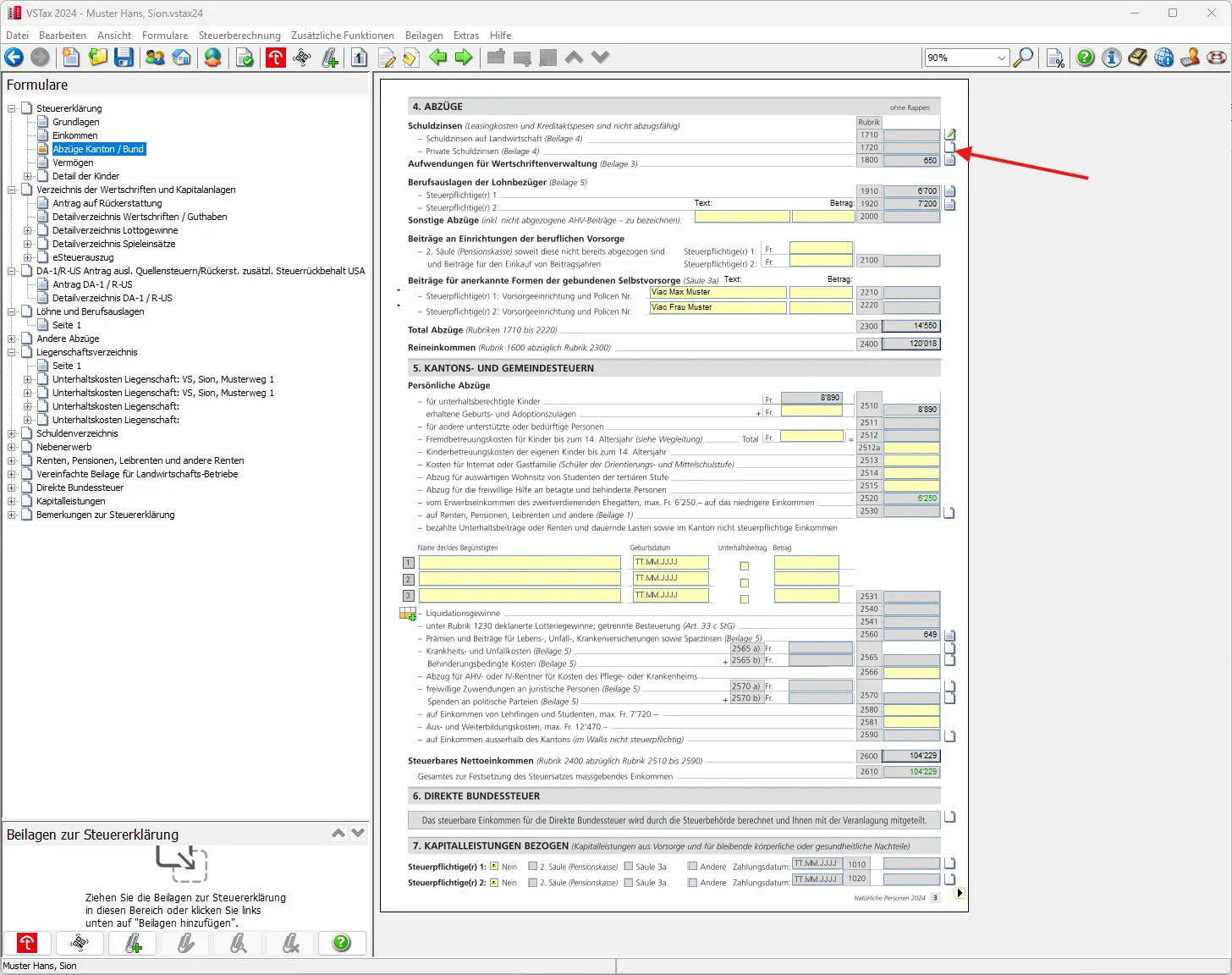 Formular 'Abzüge Kanton / Bund' mit markierten Verwaltungskosten für Wertschriften