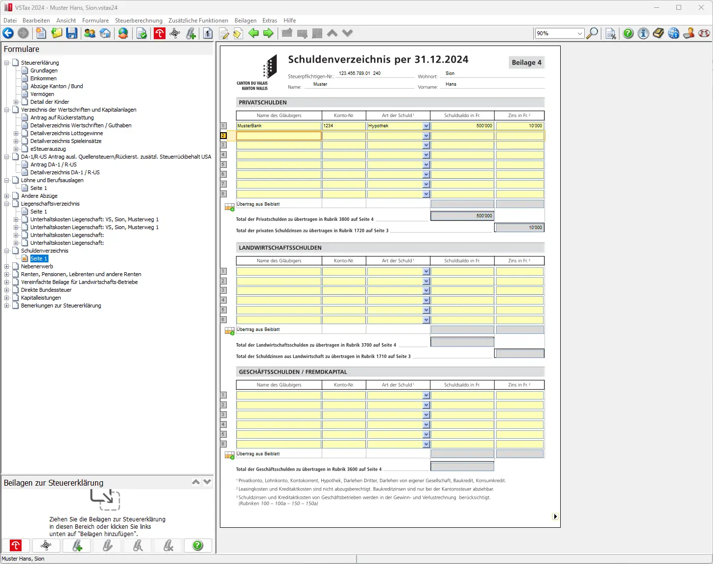 Schuldenverzeichnis mit Hypothek, Schuldzins und Übertrag in die Steuererklärung
