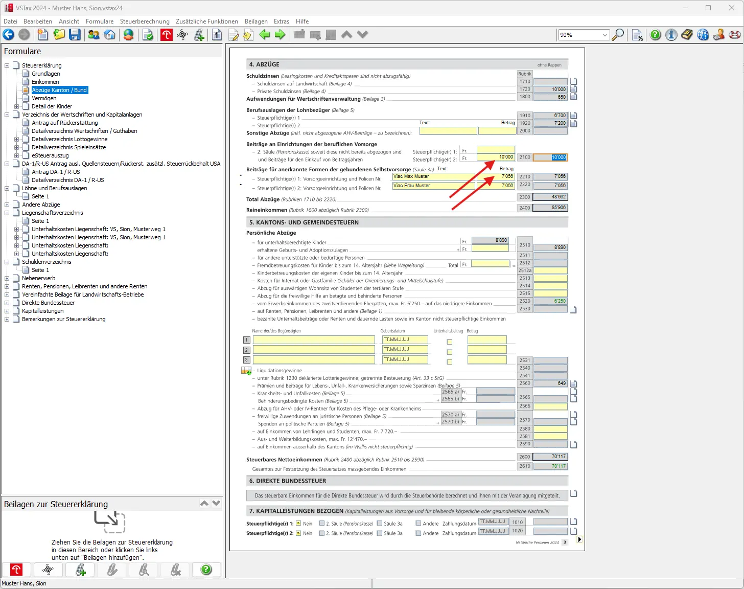 Übersicht Abzüge mit Beiträgen zur gebundenen Selbstvorsorge Säule 3a