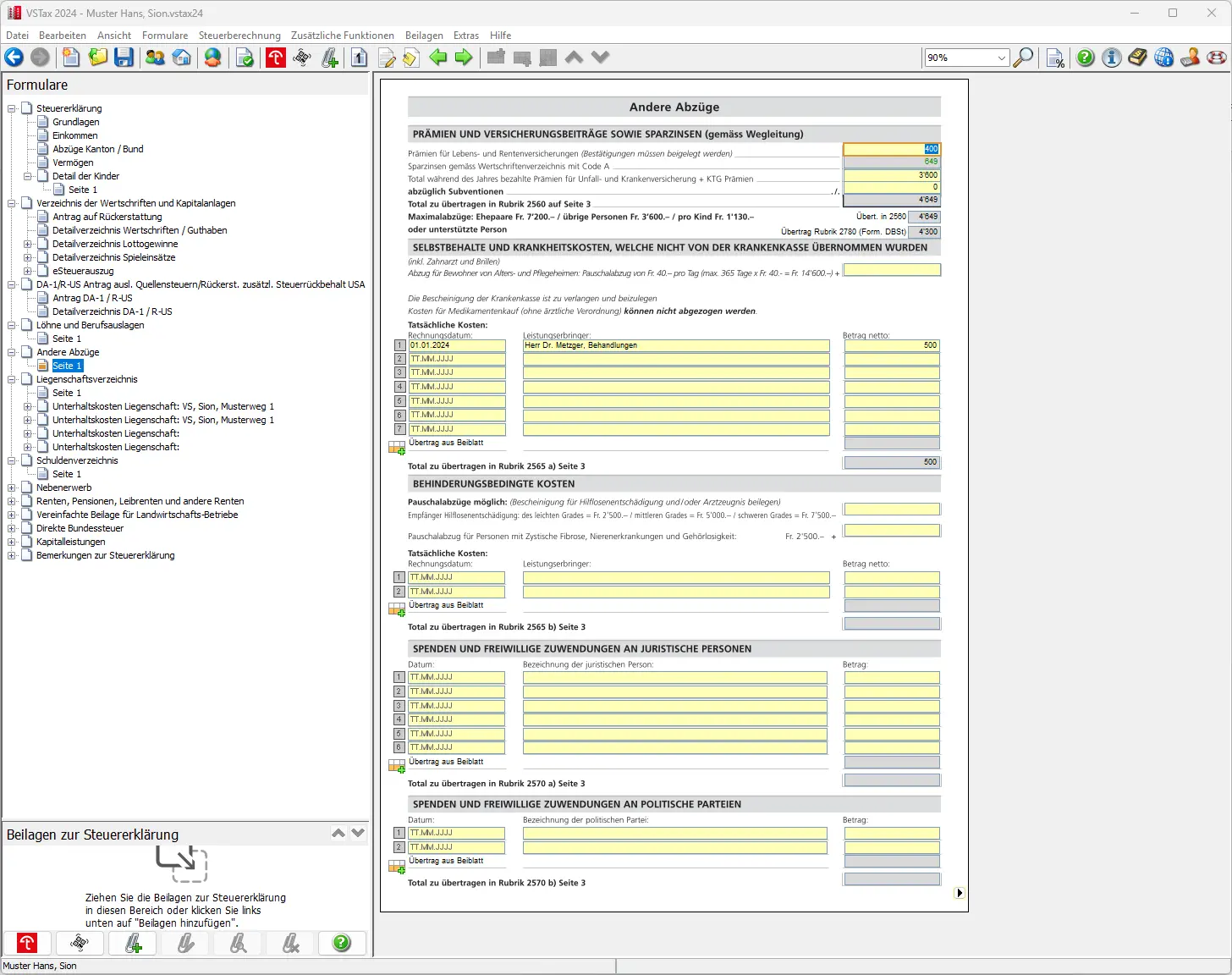Detailansicht der Abzüge mit markierten Säule-3a-Beiträgen beider Steuerpflichtigen