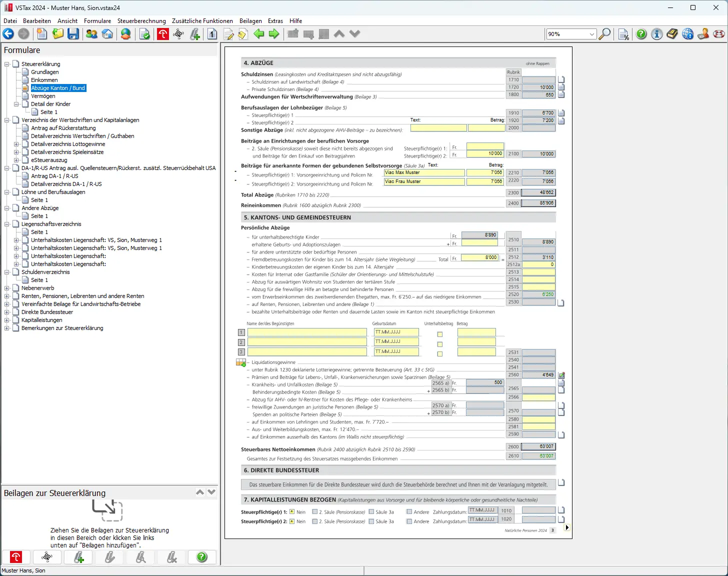 Formular 'Andere Abzüge' mit Versicherungsprämien, Krankheitskosten und Spenden