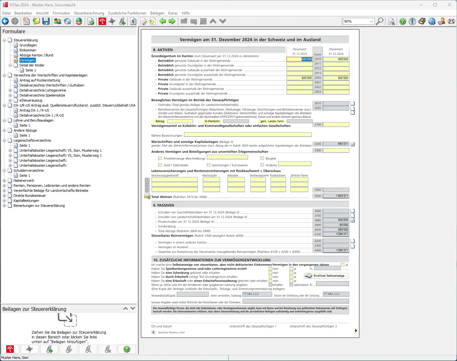 Vermögensübersicht per 31. Dezember mit Aktiven, Passiven und Reinvermögen