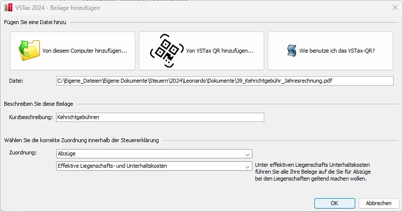Dialog zum Hinzufügen von Belegen für effektive Liegenschafts- und Unterhaltskosten