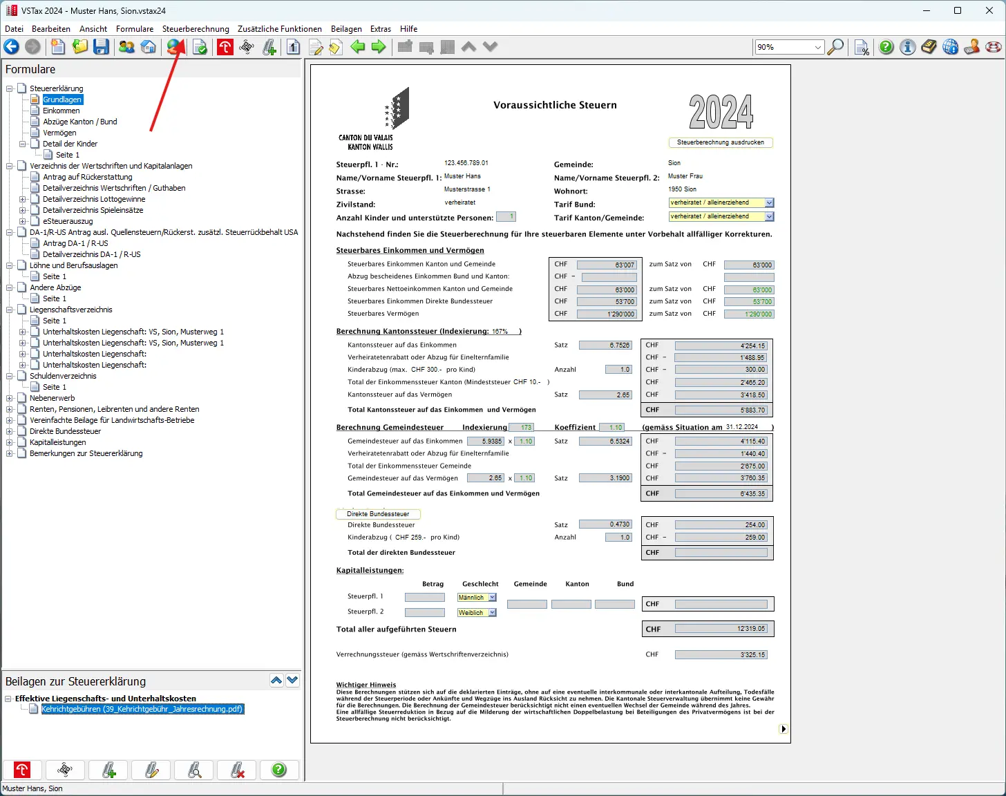 Übersicht der voraussichtlichen Steuerberechnung mit Einkommen, Vermögen und Gesamtsteuer