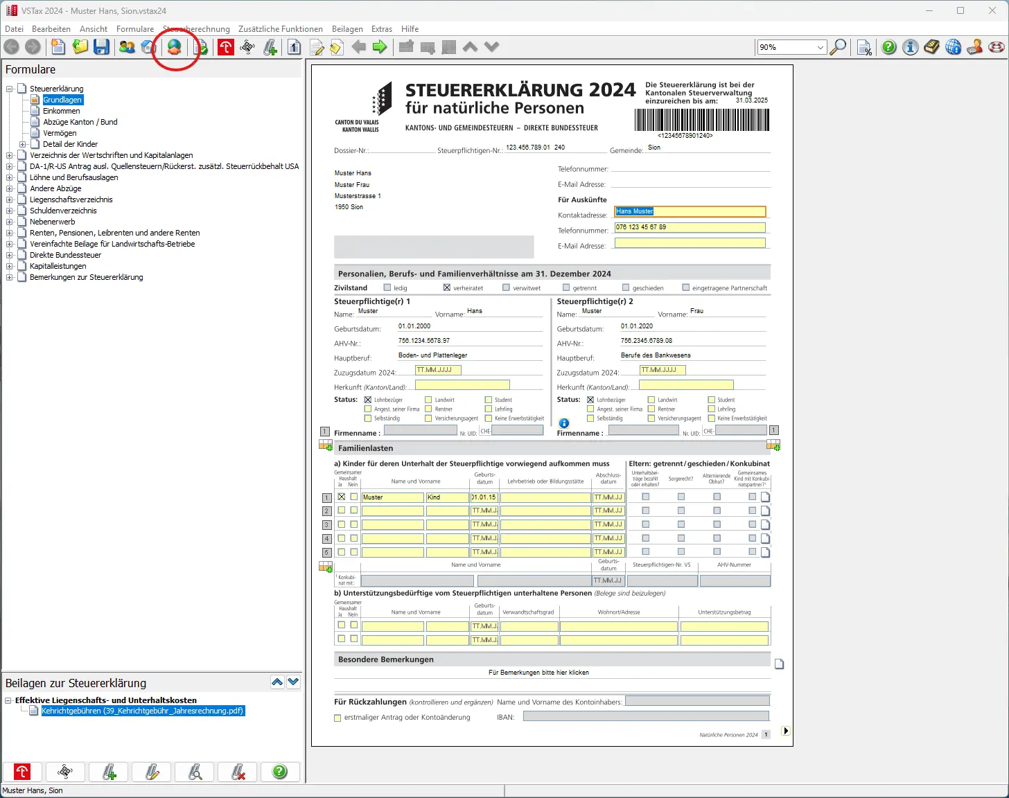Startseite der Steuererklärung für natürliche Personen mit persönlichen Angaben, Zivilstand und Familienlasten sowie markiertem Button zum Einreichen der Steuererklärung