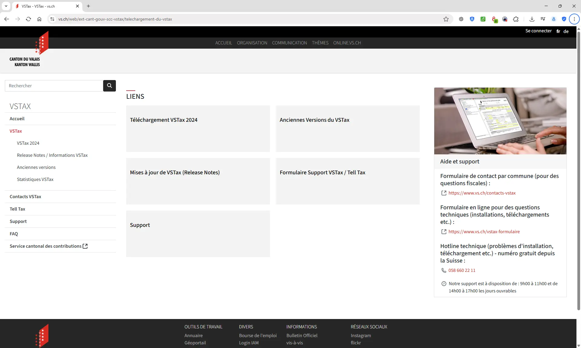 Page de téléchargement du logiciel de déclaration d'impôts du canton du Valais avec liens d'installation et section d'assistance