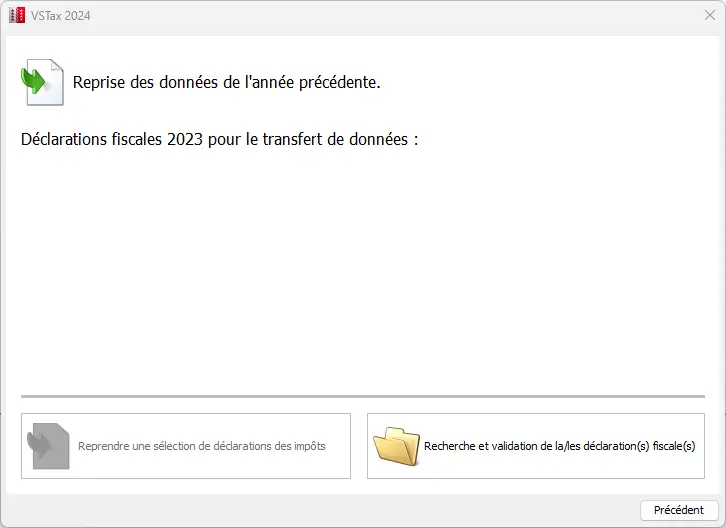 Fenêtre de sélection pour reprendre les données fiscales de la déclaration de l'année précédente
