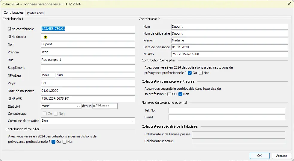 Masque de saisie pour les données personnelles telles que le nom, l'adresse, le numéro AVS et l'état civil