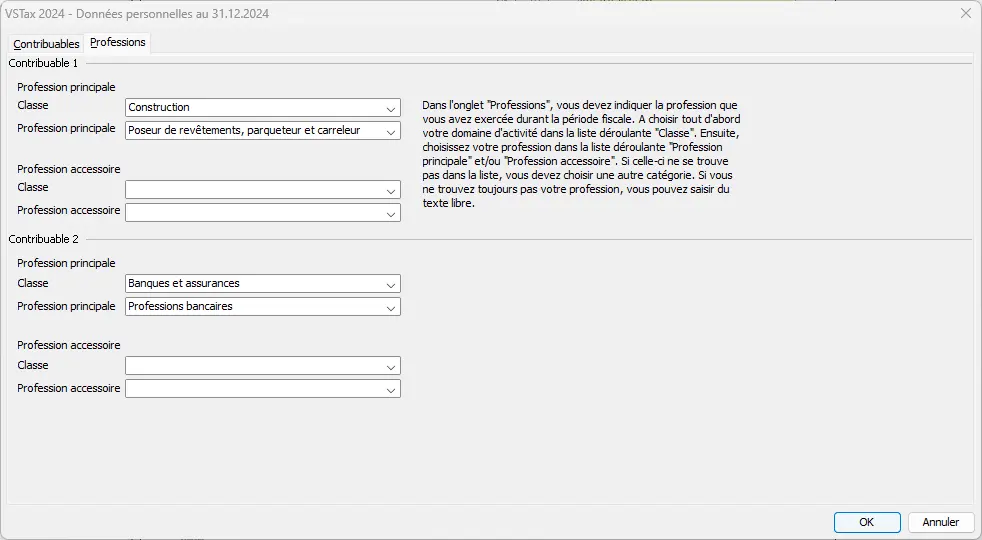Saisie de l'activité professionnelle et des professions principales ou secondaires des personnes assujetties à l'impôt